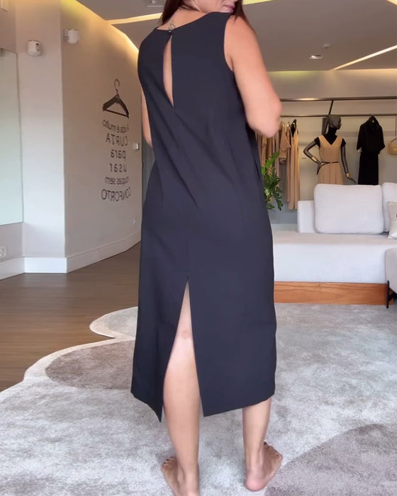 Klänning avslappnad v-ringad ärmlös enfärgad split