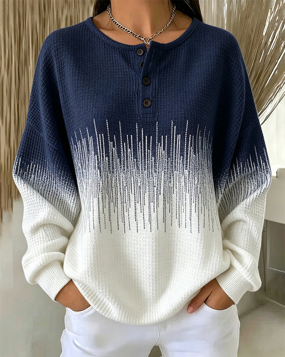 Sweatshirt Rundhalsad Knapp Våffelstickad Färgblock