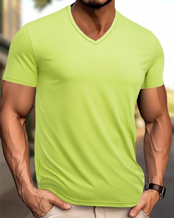 T-Shirt Solid Färg V-Ring Casual Herr