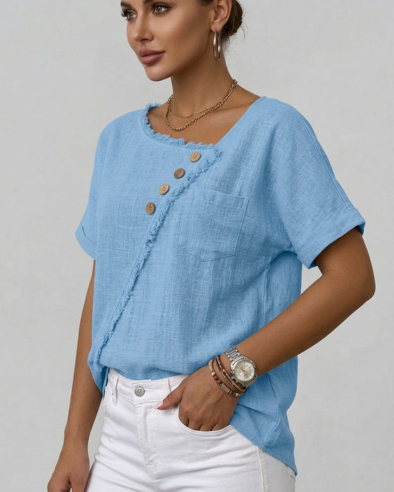 Blouse Rå Kant Snedsydd Knapp Kortärmad