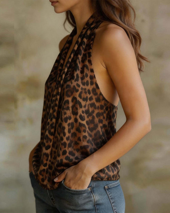 V-Neck Halter Leopard Sleeveless Blouse
