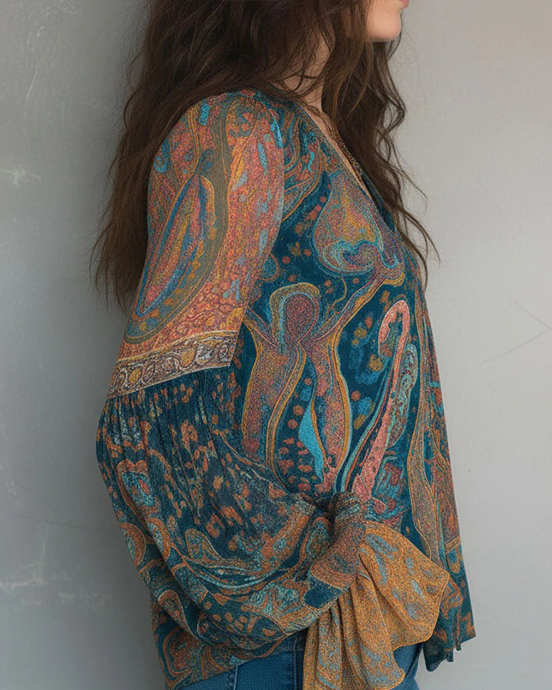 Bohemisk V-Ringad Blus Med Utsvängda Ärmar