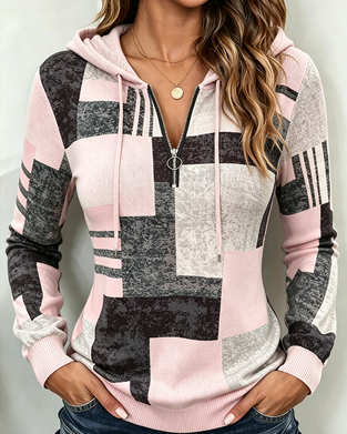 Hoodie Halv-Zip Ledig Kontrast Rutmönster
