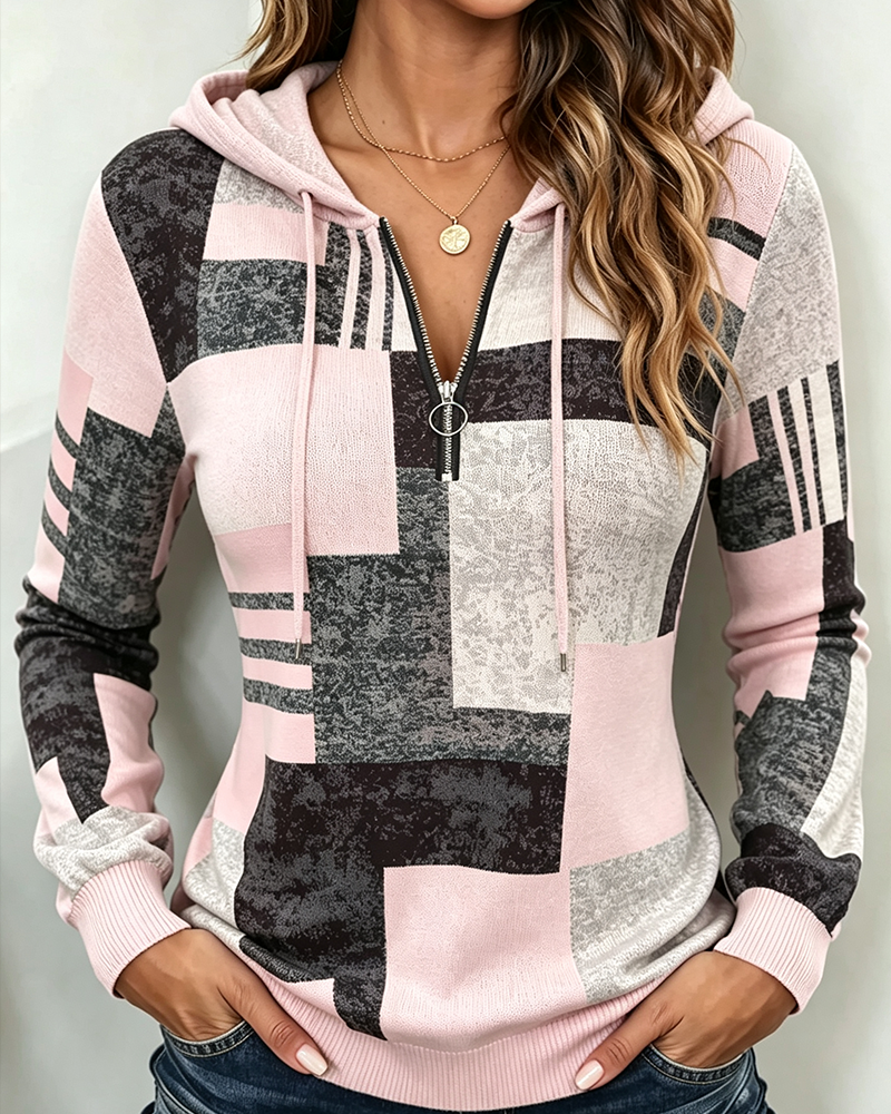 Hoodie Halv-Zip Ledig Kontrast Rutmönster