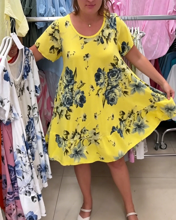 Klädning Rundhalsad Blommig A-Linje