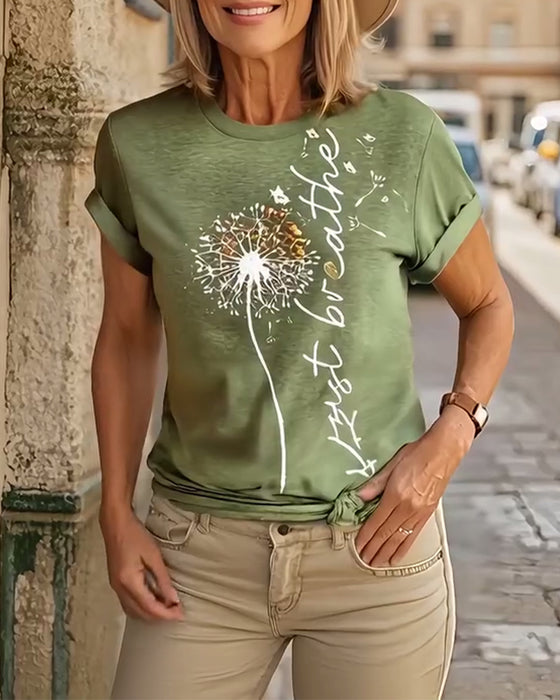 T - Shirt Med Dandelion Print Kort Ärmlösa