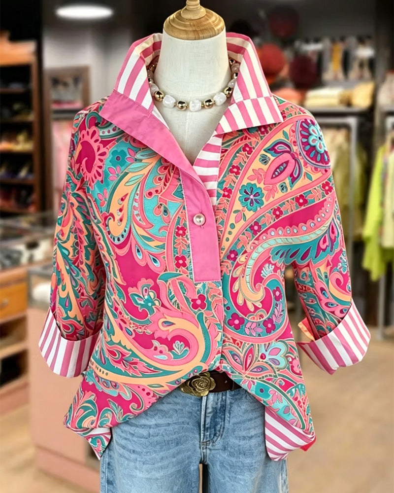 Blus Patchwork Blommig Tryck Casual