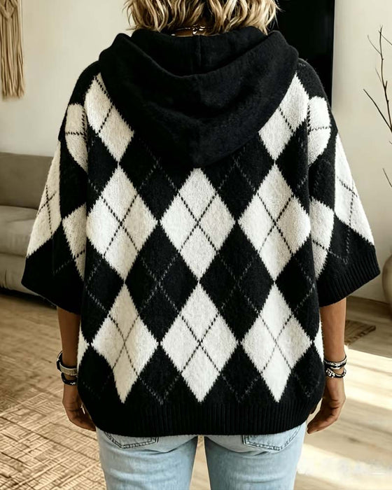 Pullover Plaid Huva Tre-Kvarts Ärm