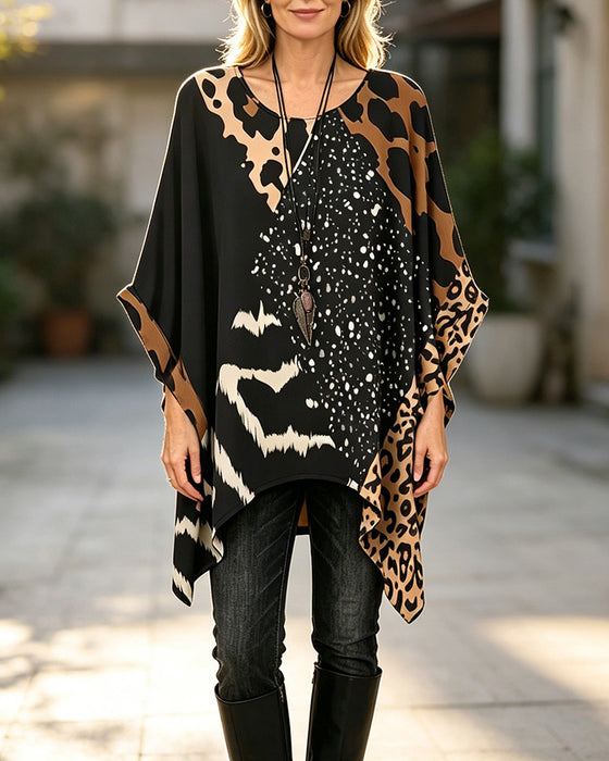 Blouse Runt Hals Leopardmönster Pailletter Patchwork