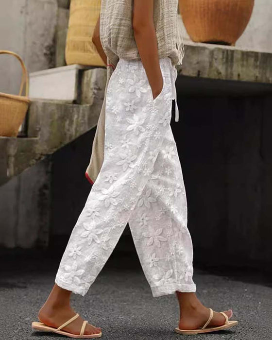 Blommiga broderade enfärgade spetsbyxor
