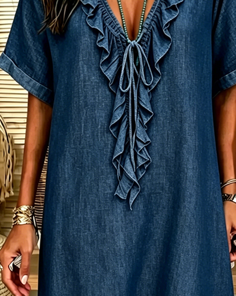 Klädning V-Hals Denim Ruffle