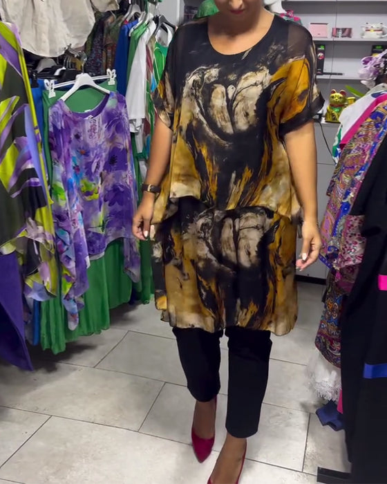 Topp Rund Hals Lös Casual Tryckt