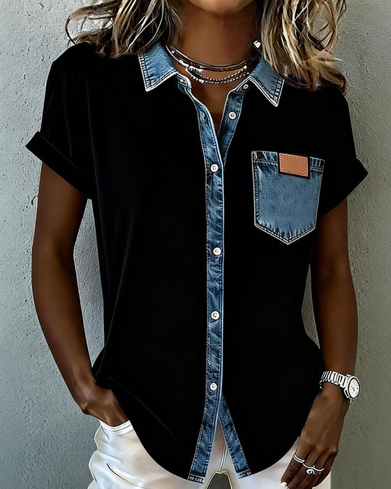 T-Shirt Denim Patchwork Nedfällbar Krage