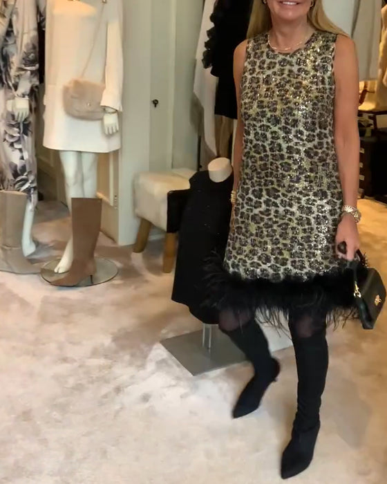 Klänning Ärmlös Leopardtryck Strutsfjäder Modig