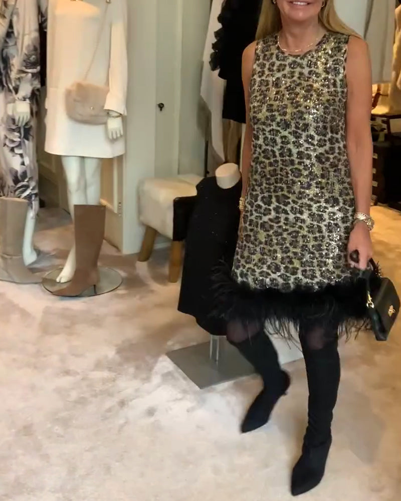 Klänning Ärmlös Leopardtryck Strutsfjäder Modig