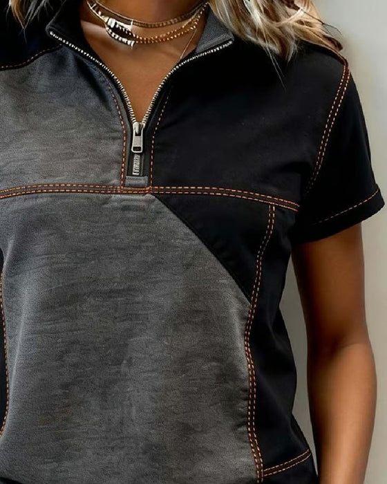 Topp Halvblixlås Färgblock Kortärmad