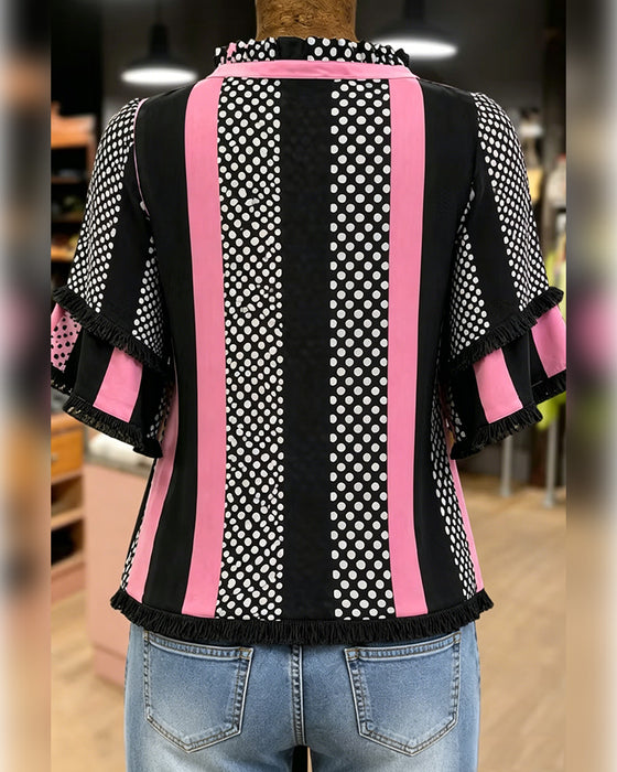 Skjorta Prickig Kontrast Patchwork Ruffle