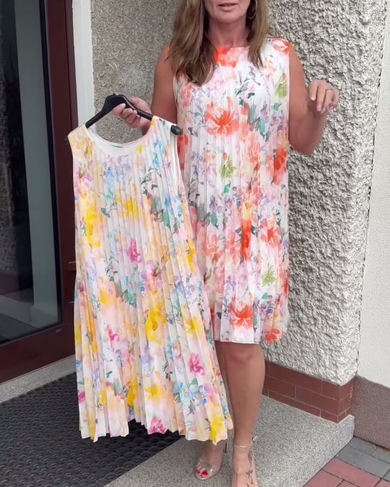 Klänning Ärmlös Plisserad Blommig