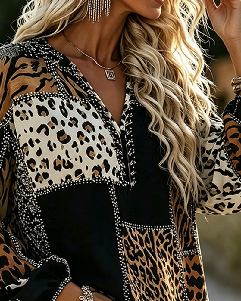 Blus Leopard Färgblock