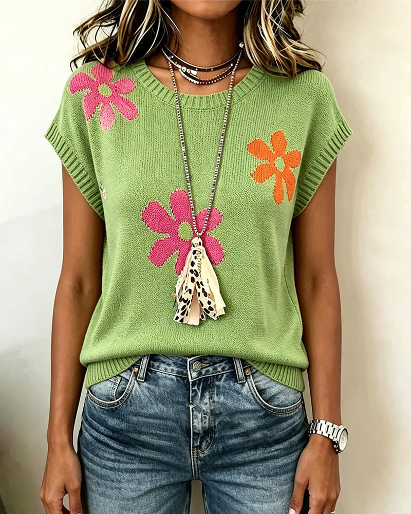 Pullover Rundhalsad Blommönster Stickad