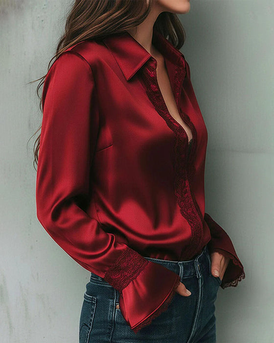 Blus Satäng Spetsinsatt Krage