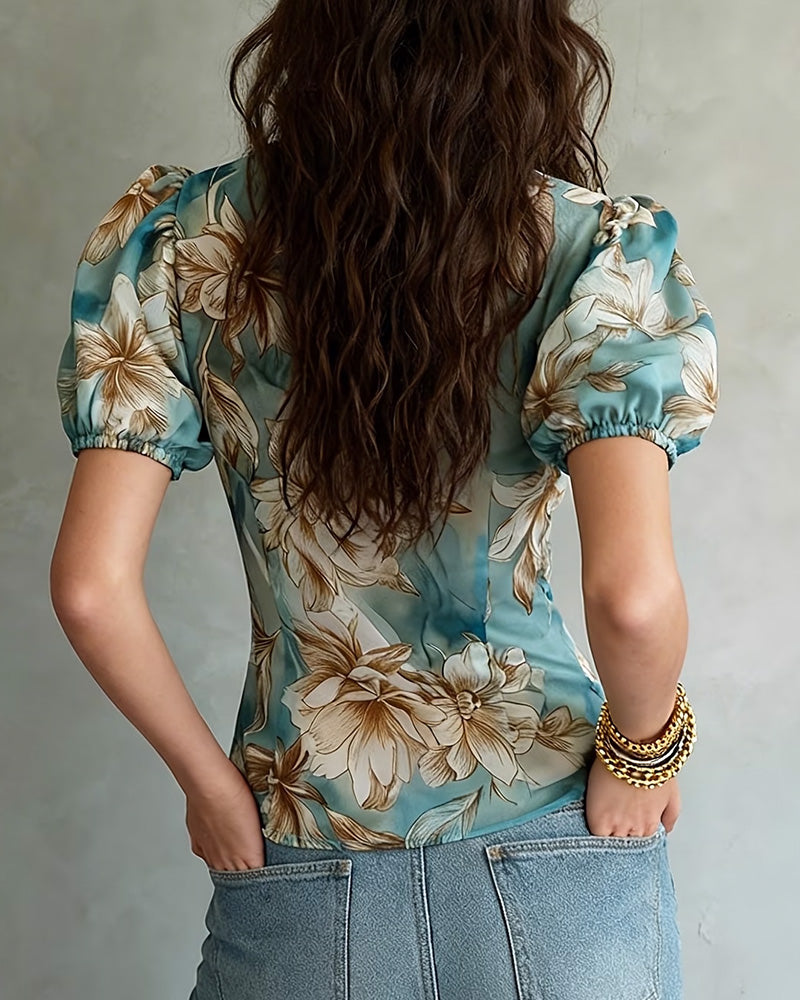 Bluse Med Krås Blommig Puffärm