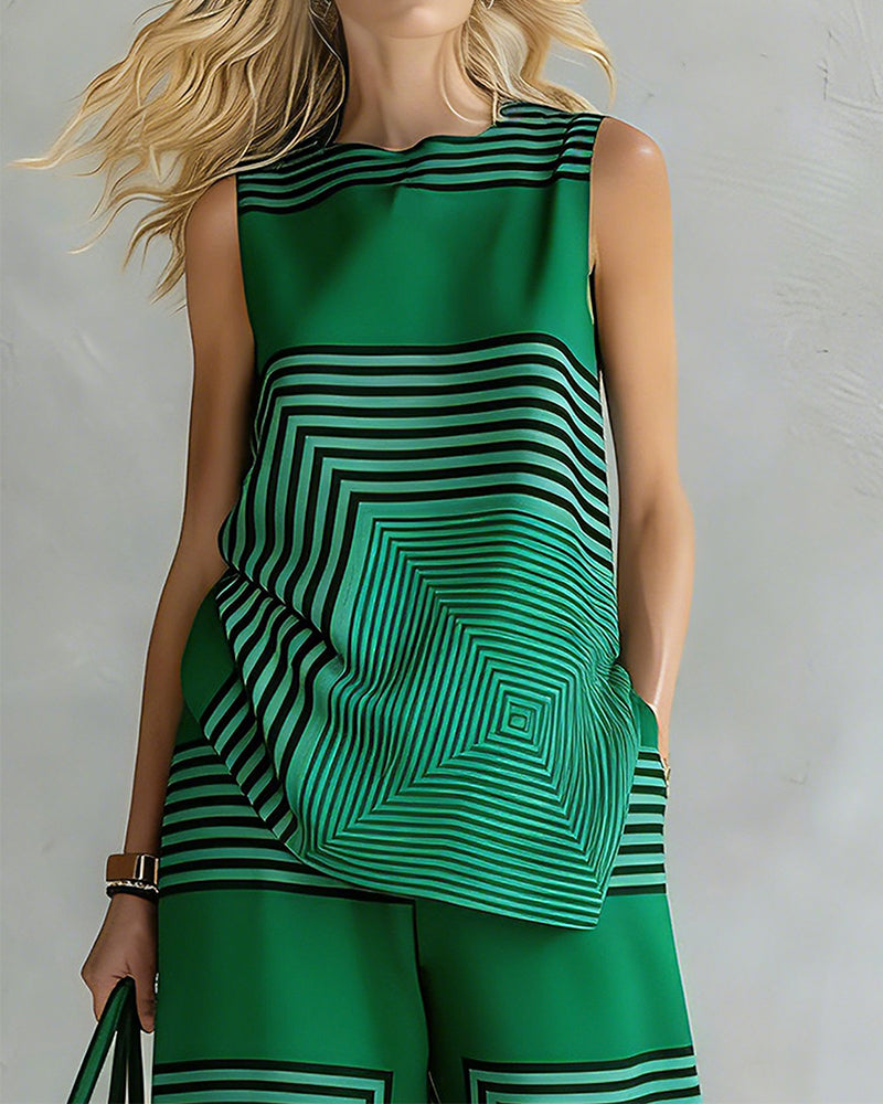 Set Rundhalsad Linne Vida Byxa Geometriskt Print