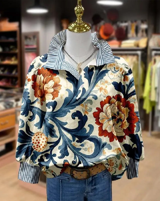 Vintage Blommig Lapptäcke Rand Krage Blus