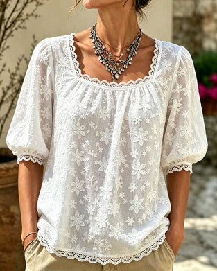 Blus Med Fyrkantig Hals Puffärmad Jacquard