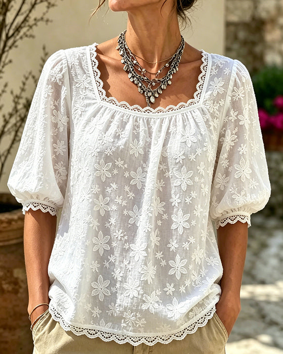 Blus Med Fyrkantig Hals Puffärmad Jacquard