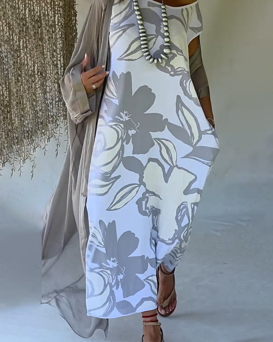 Klänning Abstrakt Blomstryck Ärmlös