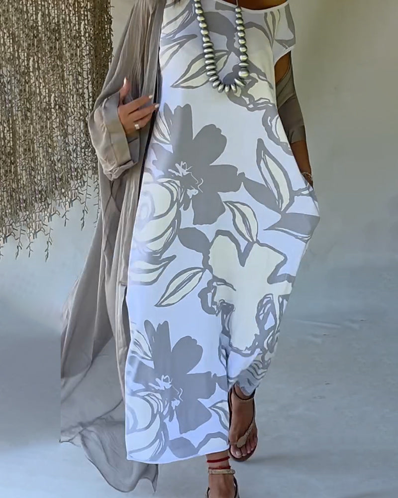 Klänning Abstrakt Blomstryck Ärmlös