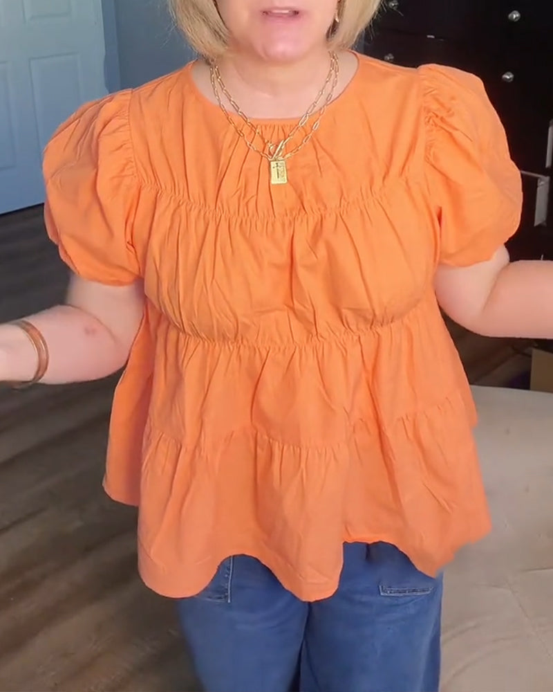 Blus Puffärm Loose-Fit Rynkad