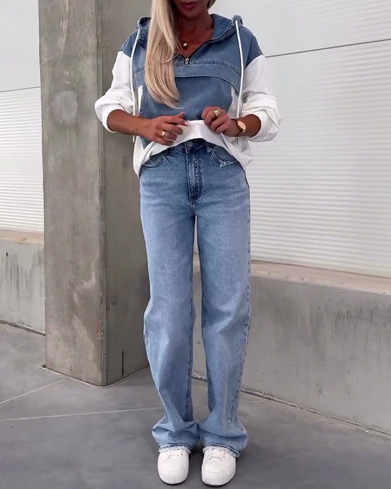 Avslappnad luvtröja med lapptäcke i denim med dragkedja