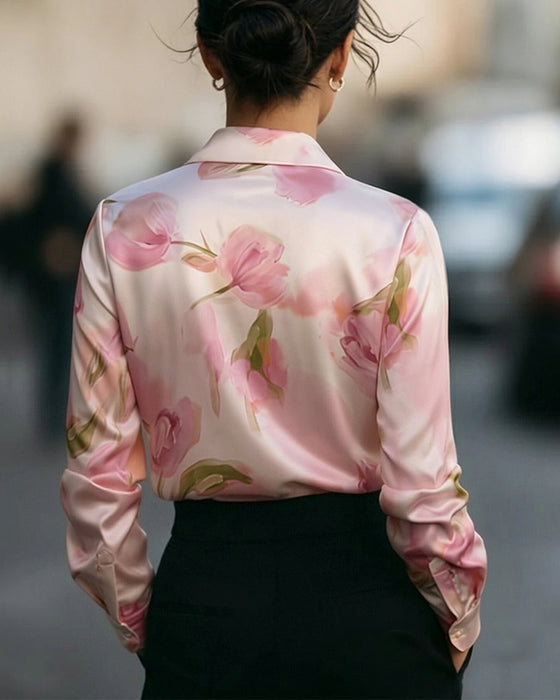 Blus Slag V-Hals Blommönster Lång Ärm
