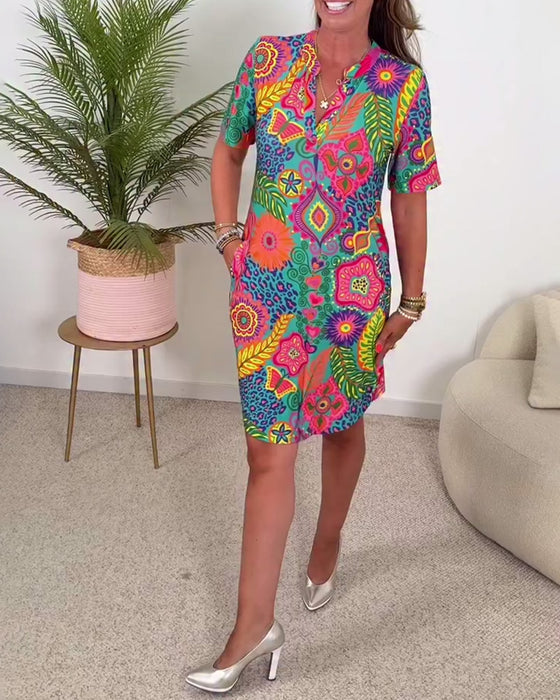 Klänning Mode Kort Ärm Blommigt Tryck