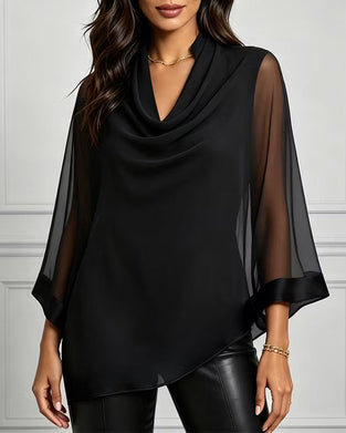 Blus Cowl Neck Oregelbunden Solid Sheer