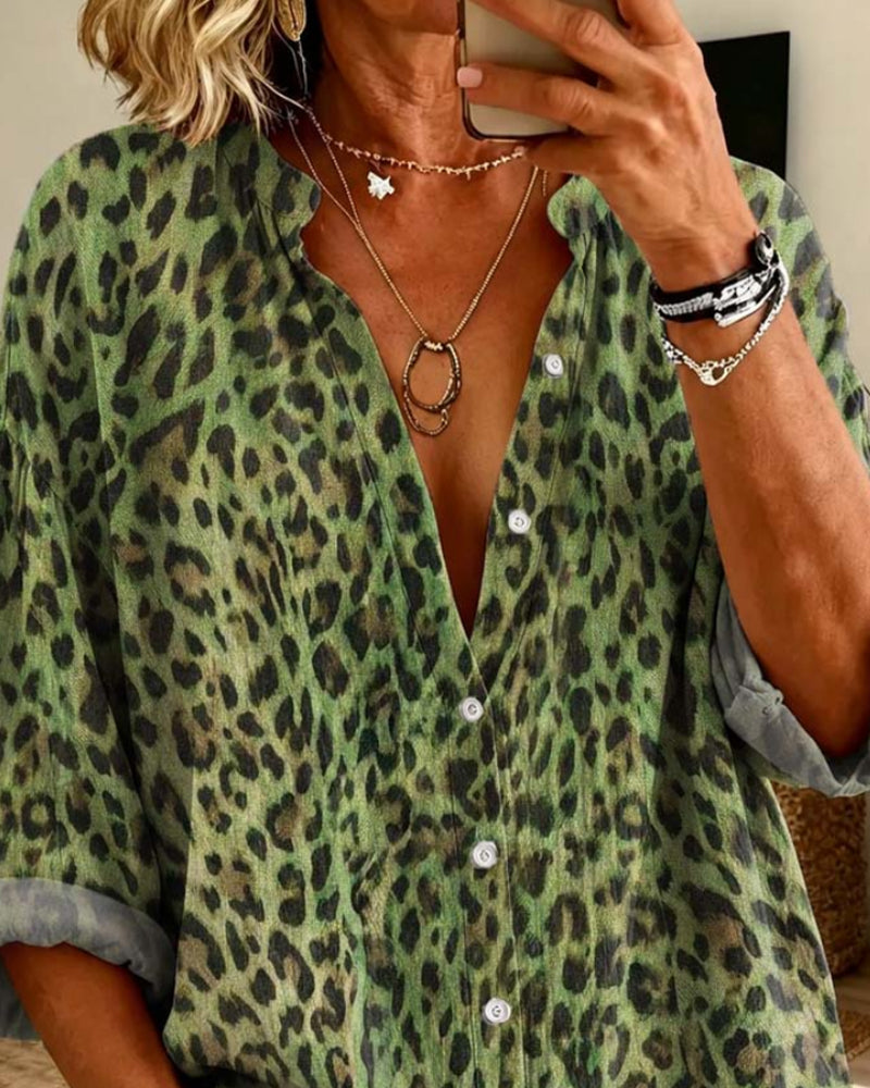 Skjorta V-Hals Knapp Leopard Lång Ärm