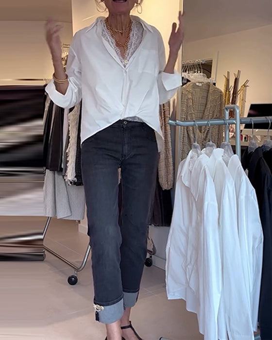 Skjorta Och Spets Inner Set Krage Enfärgad Långärmad