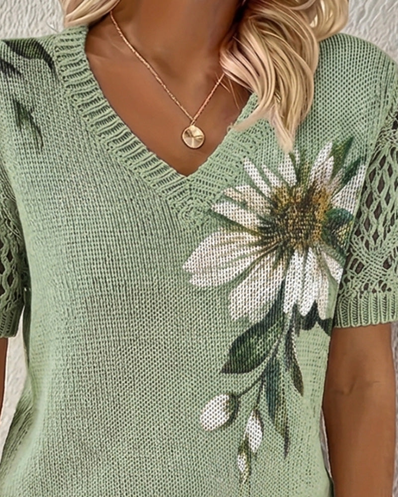 Pullover V-Ringning Stickad Blommig