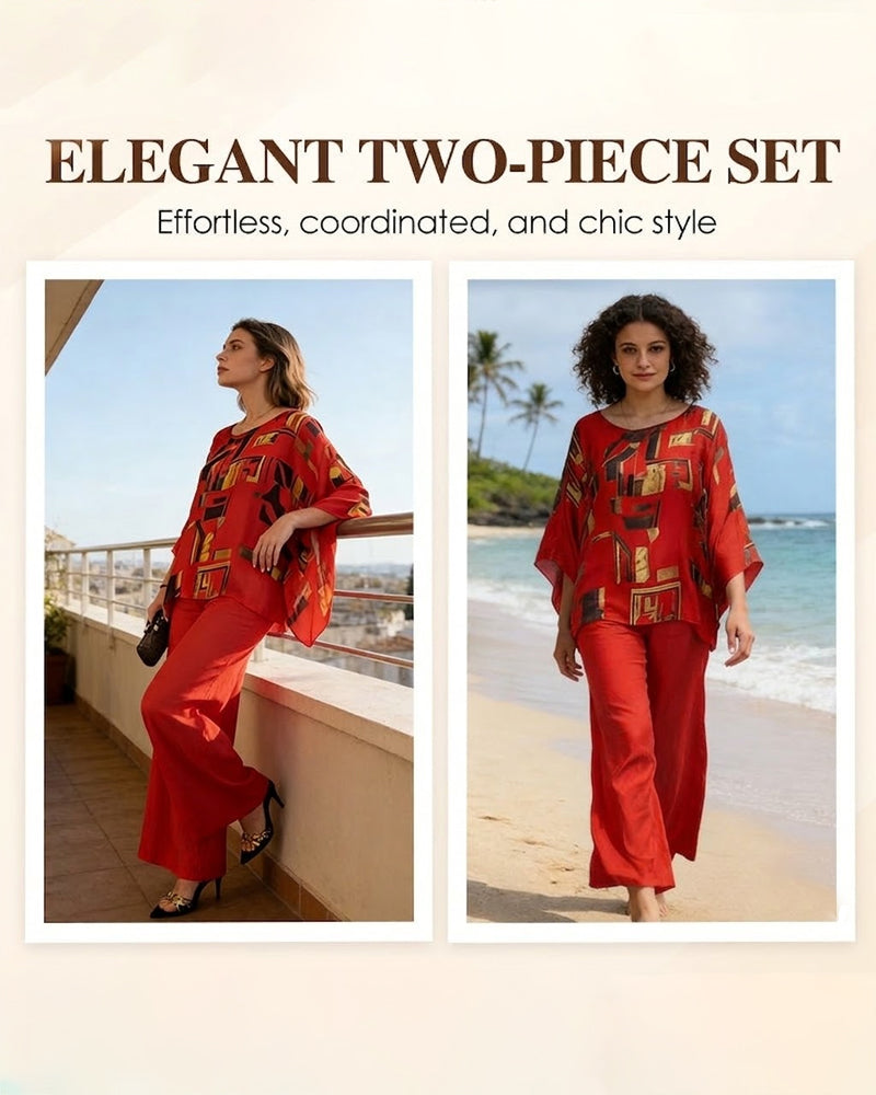 Tvådelad Set Geometriskt Tryck Vida Ben Byxor