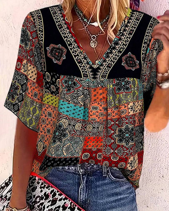 Plissad T-shirt Med Vintage-Mönster