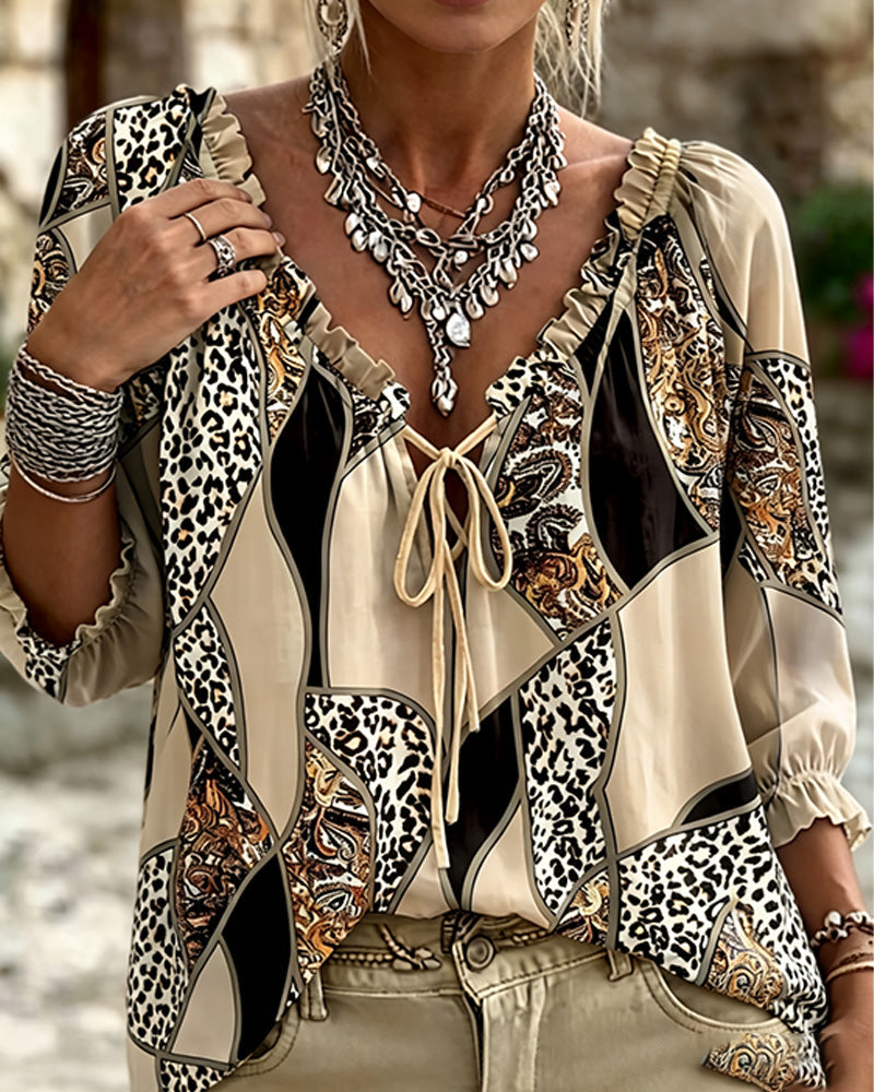 Blus V-Hals Leopard Puffärm Knyt