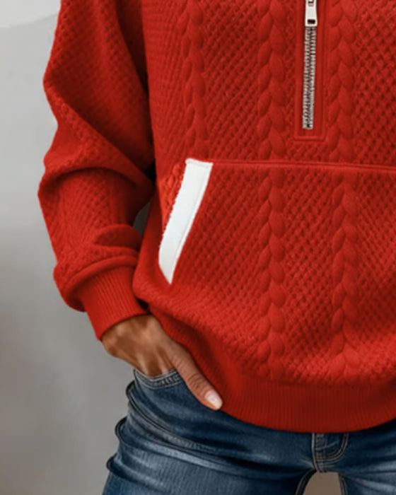 Hoodie Med Halvkrage Och Färgblock Samt Ficka