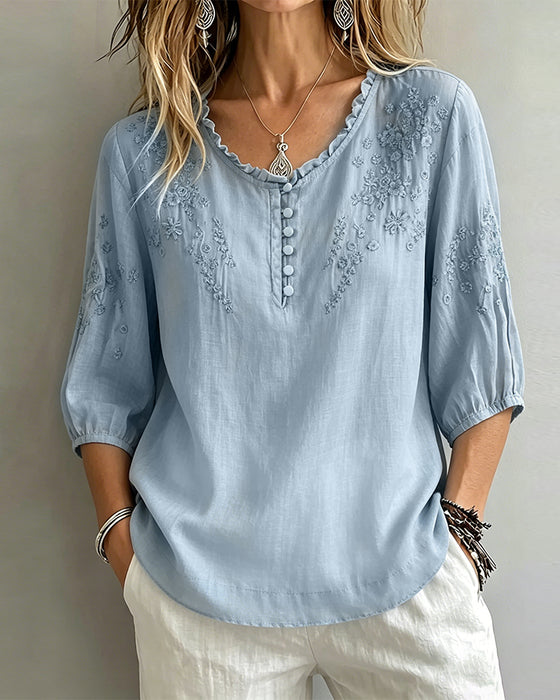 Blus Broderi 3/4-Ärm Enfärgad