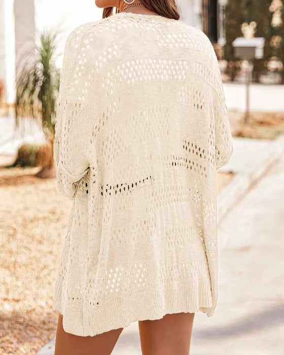 Cardigan Solid Färg Urhålad Casual