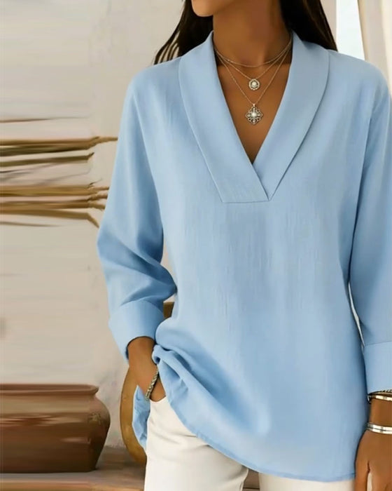 Topp Enkel V-Hals Lång Ärm