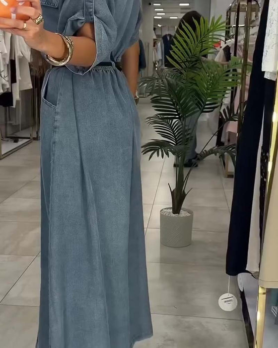 Klänning Skjorta Krage Ficka Knapp Denim