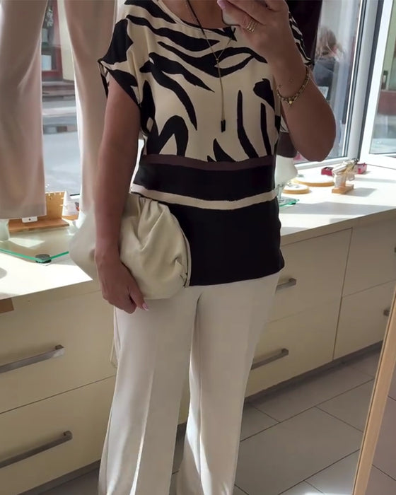 Blus Rund Hals Geometrisk Patchwork Kort Ärm