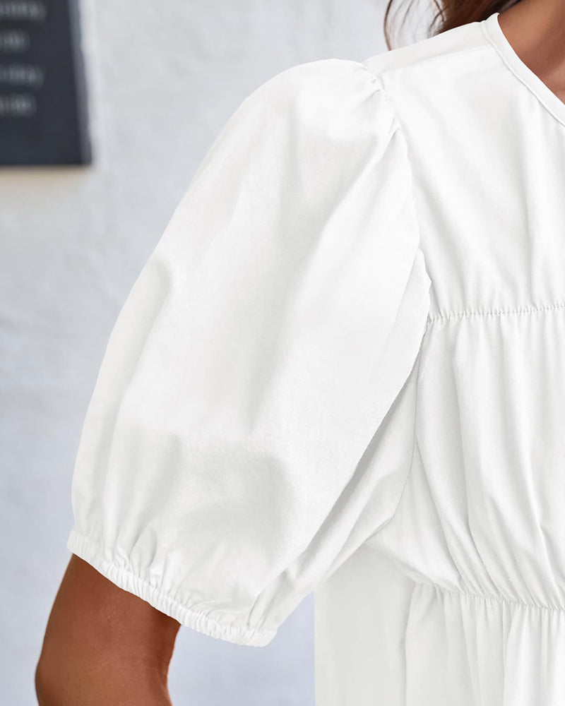 Blus Puffärm Loose-Fit Rynkad